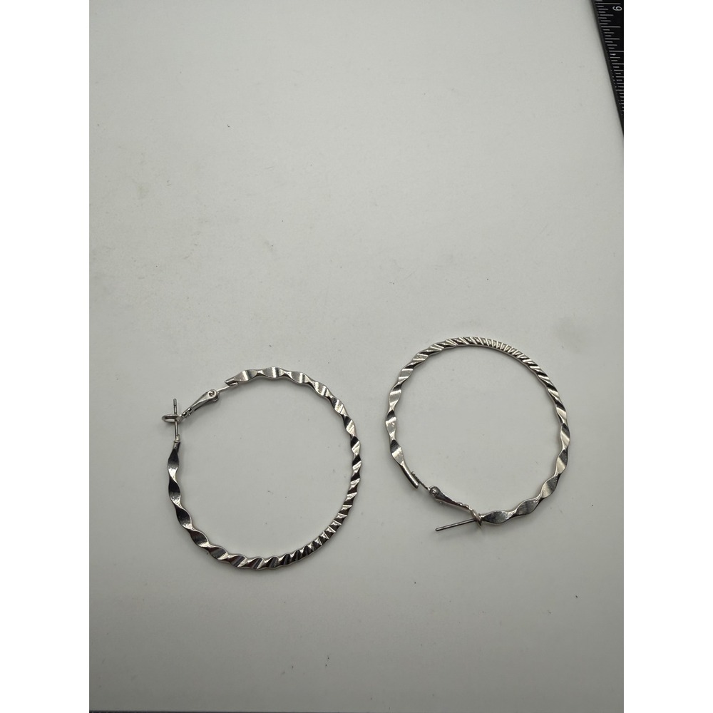 Silver Tone Twisted Hoop Earrings Large 2 Inch Spiral Textured Latch Back Hoop